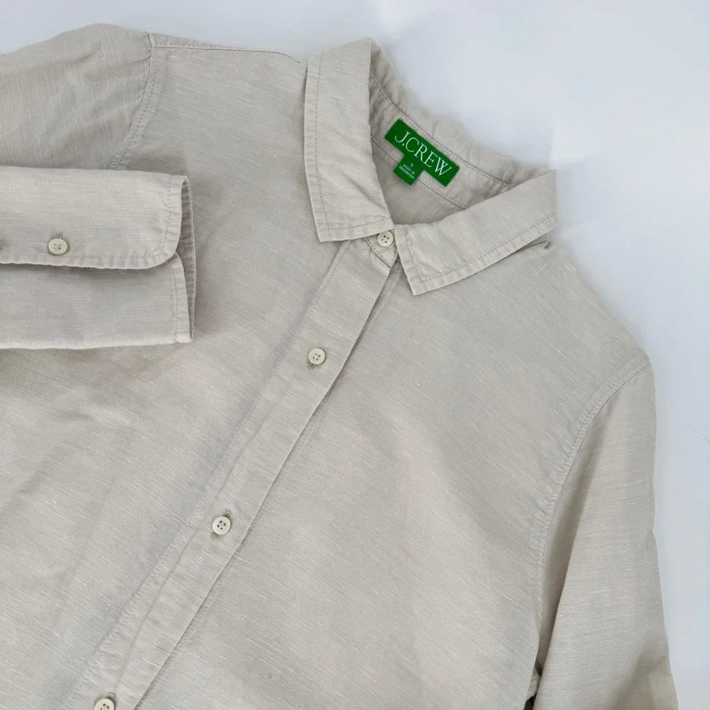J.Crew‎ Womens Linen Blend Shirt Dress Beige Button Front Long Sleeve Small